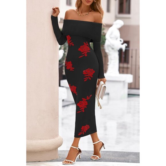 Merokeety Women's Blackrose Off Shoulder Long Sleeve Elegant Bodycon Midi Dress - Picture 6 of 9